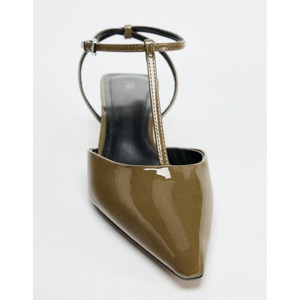 Zara Olive Green Pointed Toe T-Strap Slingback Heels NWT - Picture 14 of 16